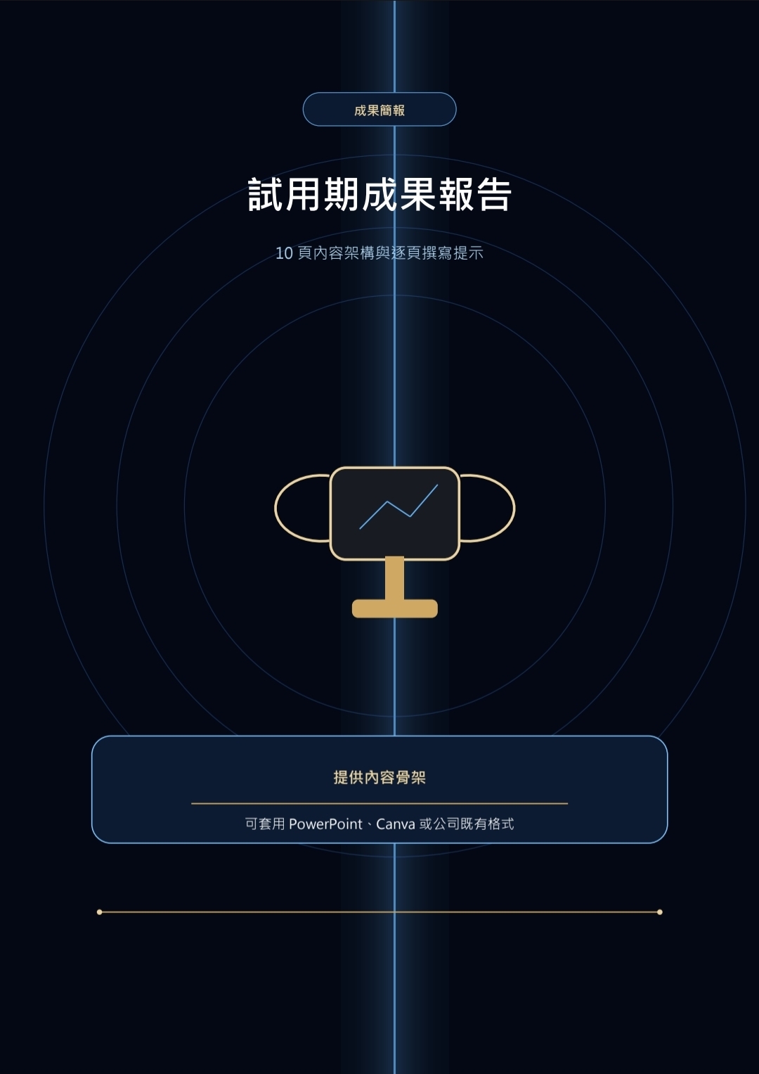 《試用期成果報告》封面，提供 10 頁內容架構與逐頁撰寫提示